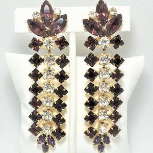 Vtg 3 3/4" Long Plum / Purple & Clear Rhinestone Dangling Drop Clip Earrings